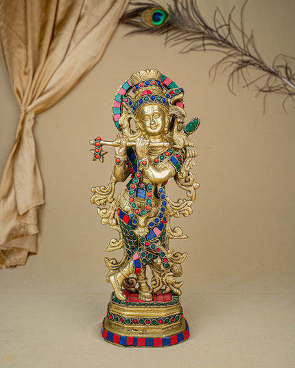 Brass Krishna Idol with Stone Work - WL4107