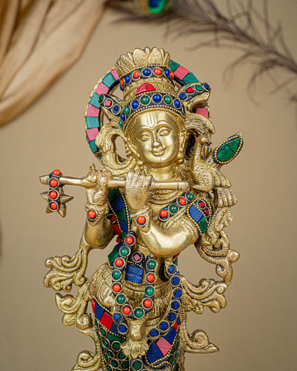 Brass Krishna Idol with Stone Work - WL4107