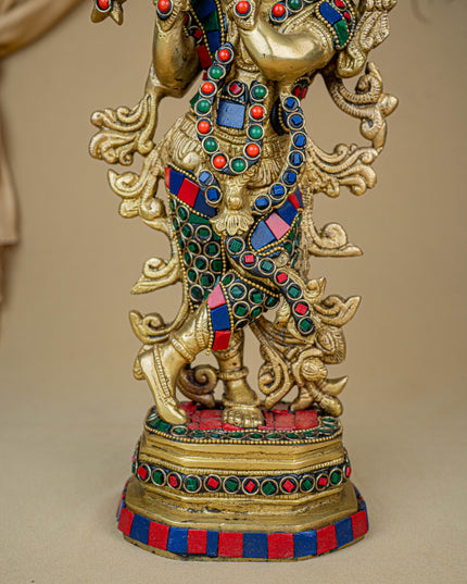 Brass Krishna Idol with Stone Work - WL4107
