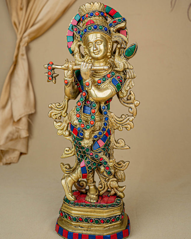 Brass Krishna Idol with Stone Work - WL4107