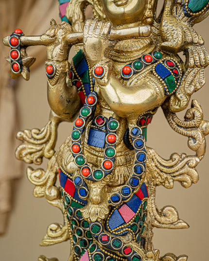 Brass Krishna Idol with Stone Work - WL4107