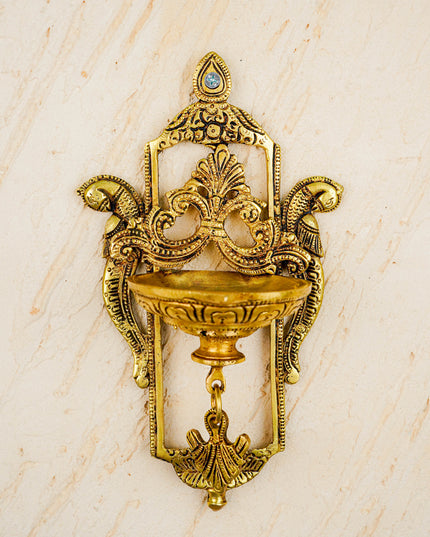 Brass Parrot Wall Hanging Diya with Single & Five Face Diya - WL4358