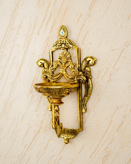 Brass Parrot Wall Hanging Diya with Single & Five Face Diya - WL4358