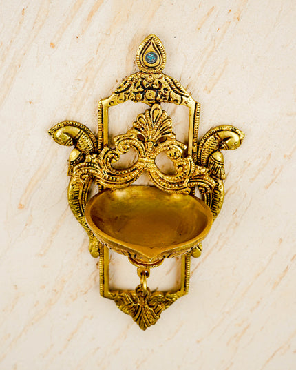 Brass Parrot Wall Hanging Diya with Single & Five Face Diya - WL4358