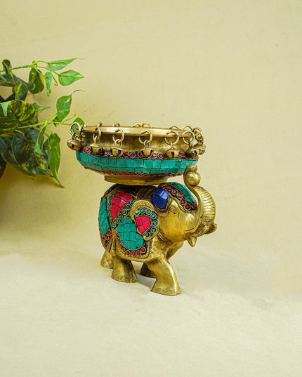 Brass Elephant Urli with Tile Work - WL4382