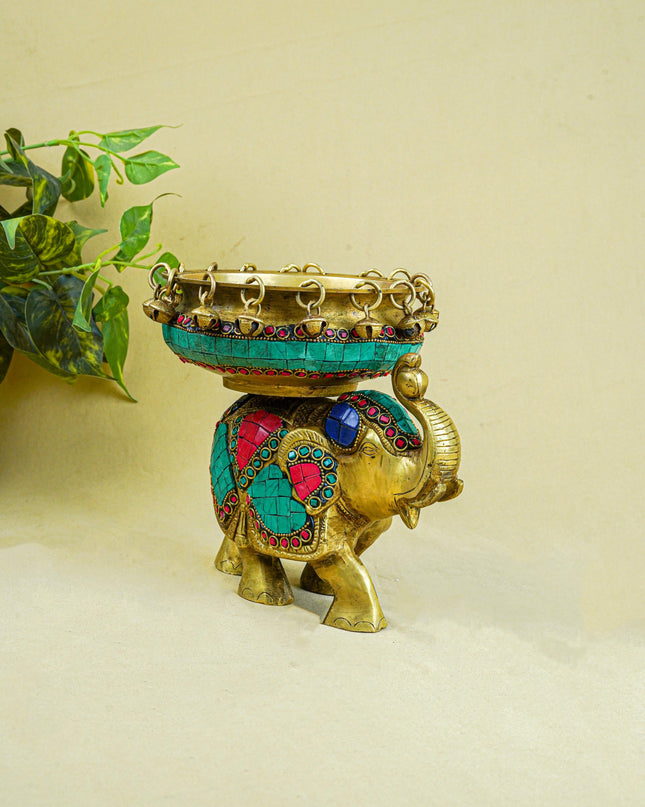 Brass Elephant Urli with Tile Work - WL4382