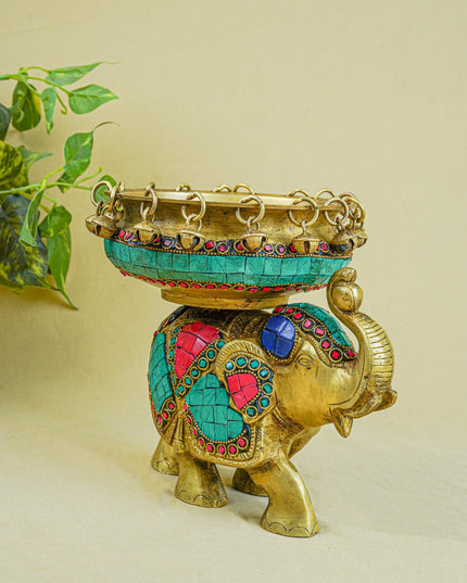 Brass Elephant Urli with Tile Work - WL4382
