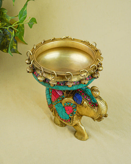 Brass Elephant Urli with Tile Work - WL4382