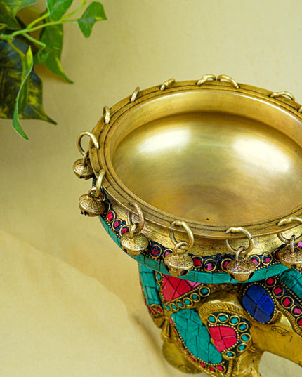 Brass Elephant Urli with Tile Work - WL4382