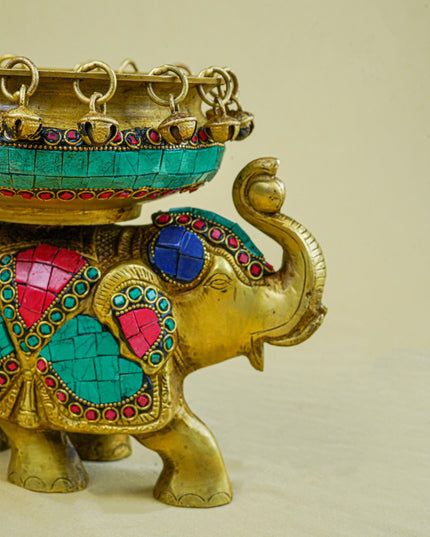 Brass Elephant Urli with Tile Work - WL4382