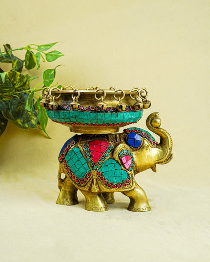 Brass Elephant Urli with Tile Work - WL4382