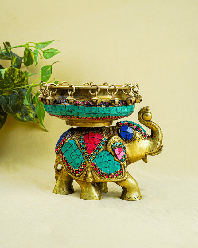 Brass Elephant Urli with Tile Work - WL4382