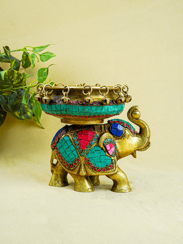 Brass Elephant Urli with Tile Work - WL4382