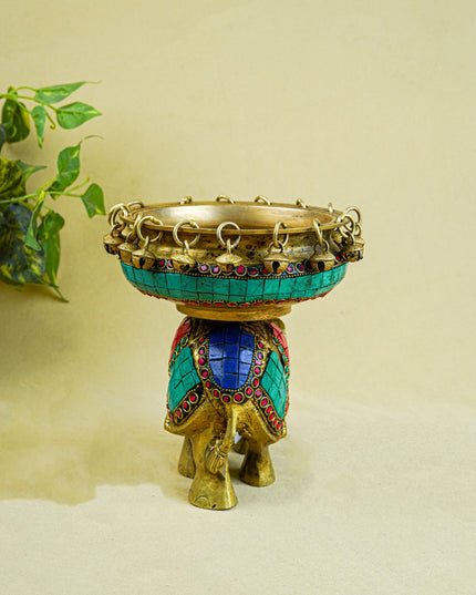 Brass Elephant Urli with Tile Work - WL4382