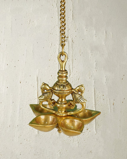 Brass Twin-Peacock Hanging 5-Face Diya - WL4383