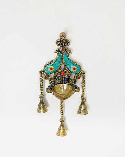 Brass Wall Hanging Diya with Stone Work - Green - WL4494-1