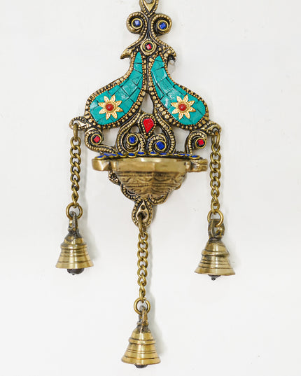 Brass Wall Hanging Diya with Stone Work - Green - WL4494-1