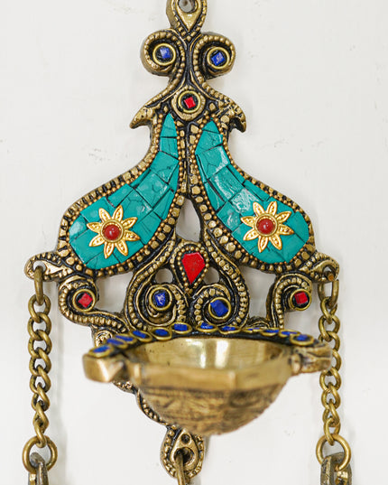 Brass Wall Hanging Diya with Stone Work - Green - WL4494-1