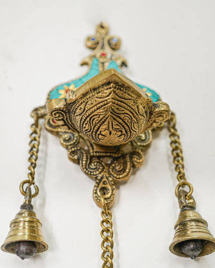 Brass Wall Hanging Diya with Stone Work - Green - WL4494-1