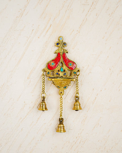 Brass Wall Hanging Diya with Stone Work - Red - WL4494-2