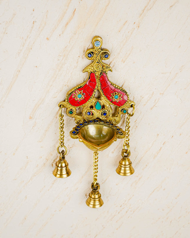 Brass Wall Hanging Diya with Stone Work - Red - WL4494-2