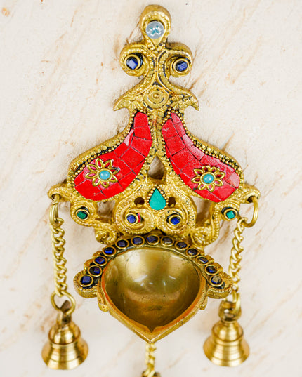 Brass Wall Hanging Diya with Stone Work - Red - WL4494-2