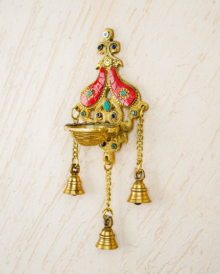 Brass Wall Hanging Diya with Stone Work - Red - WL4494-2