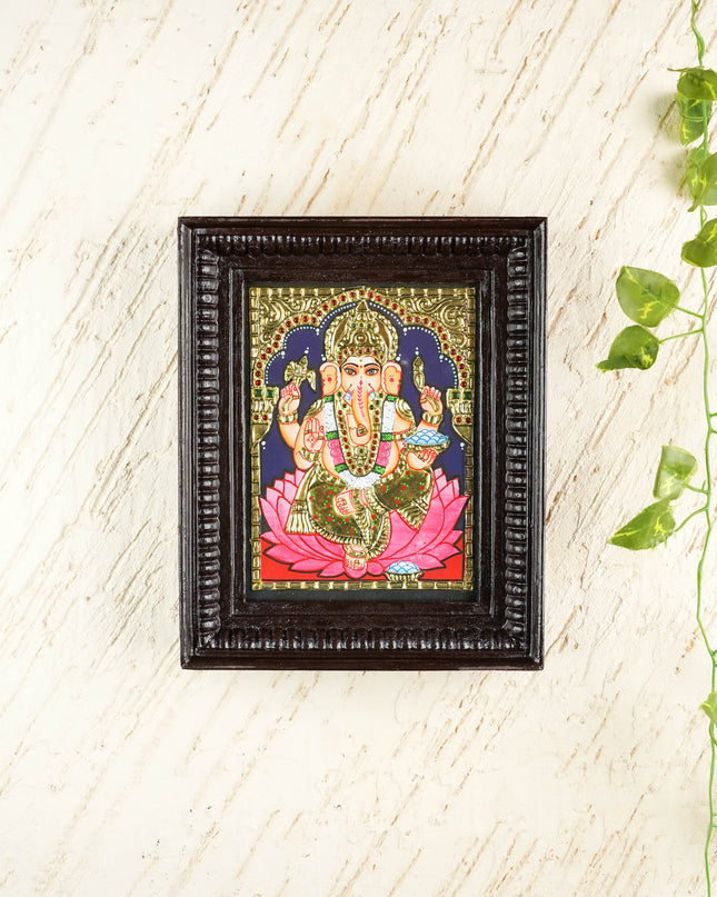 Tanjore Painting - Ganesha on Lotus - Flat (Gold Foil) - 8x6 inch - WL4585