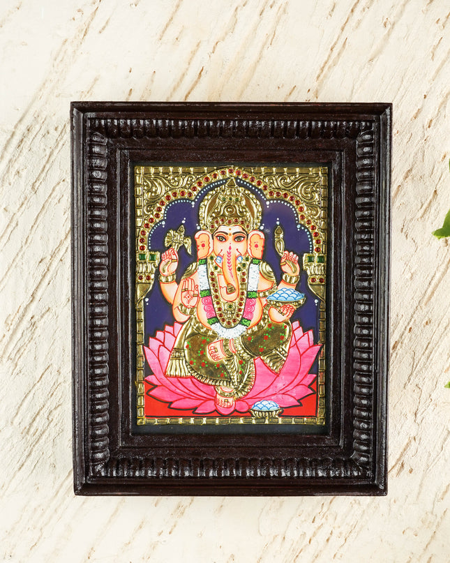 Tanjore Painting - Ganesha on Lotus - Flat (Gold Foil) - 8x6 inch - WL4585
