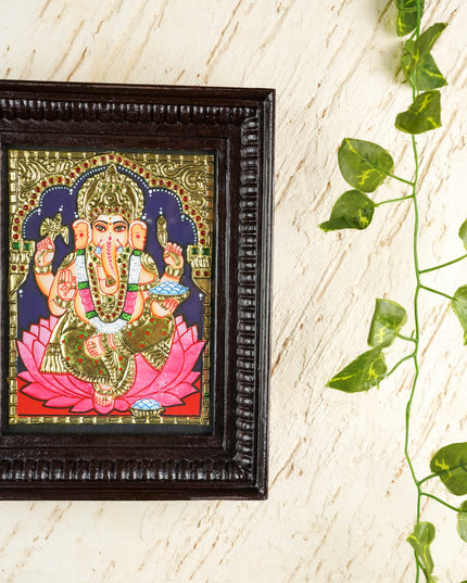 Tanjore Painting - Ganesha on Lotus - Flat (Gold Foil) - 8x6 inch - WL4585
