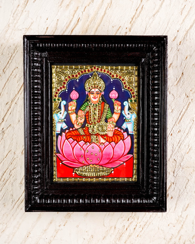 Tanjore Painting - Gajalakshmi on Lotus - Flat (Gold Foil) - 8x6 inch - WL4587