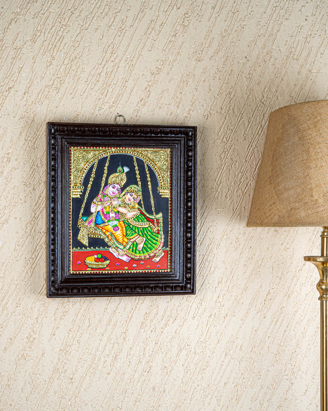 Tanjore Painting - Radha-Krishna on Jhoola - Flat (Gold Foil) - 12x10 inch - WL4763