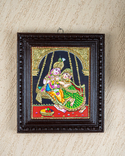 Tanjore Painting - Radha-Krishna on Jhoola - Flat (Gold Foil) - 12x10 inch - WL4763