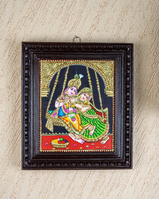 Tanjore Painting - Radha-Krishna on Jhoola - Flat (Gold Foil) - 12x10 inch - WL4763