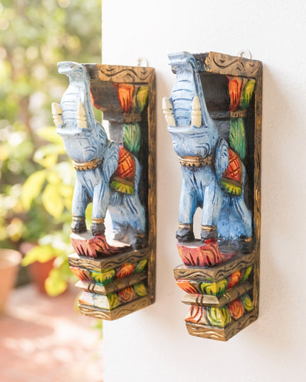 Wooden Carved Elephant Bracket - Set of 2 - WL4794