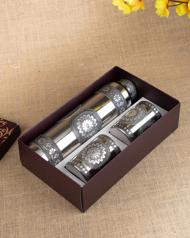 Oxidized Water Bottle with Oxidized Glass - Set of 2 - 10 inch - WL483