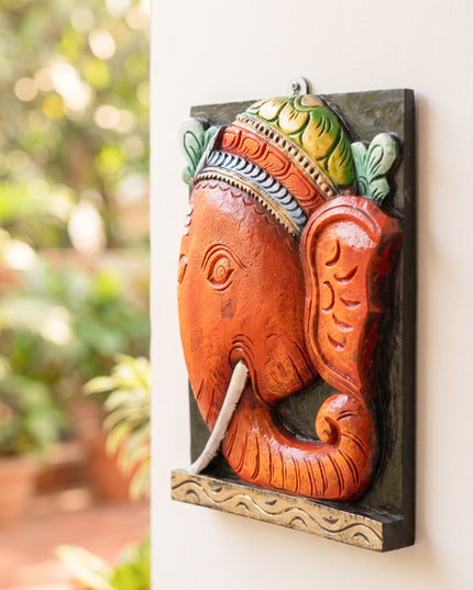 Wooden Carved Ganesha Wall Hanging - 12 inch - WL4849