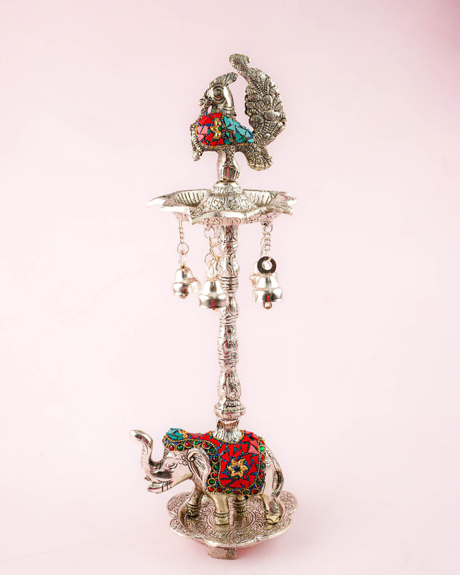 White Metal Kuthu Vilaku with Annapakshi & Elephant - 18 inch - WL4883