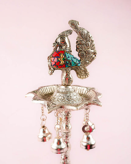 White Metal Kuthu Vilaku with Annapakshi & Elephant - 18 inch - WL4883