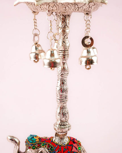 White Metal Kuthu Vilaku with Annapakshi & Elephant - 18 inch - WL4883