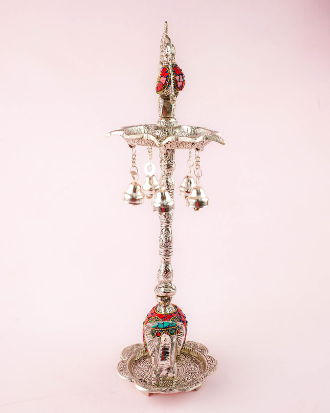 White Metal Kuthu Vilaku with Annapakshi & Elephant - 18 inch - WL4883
