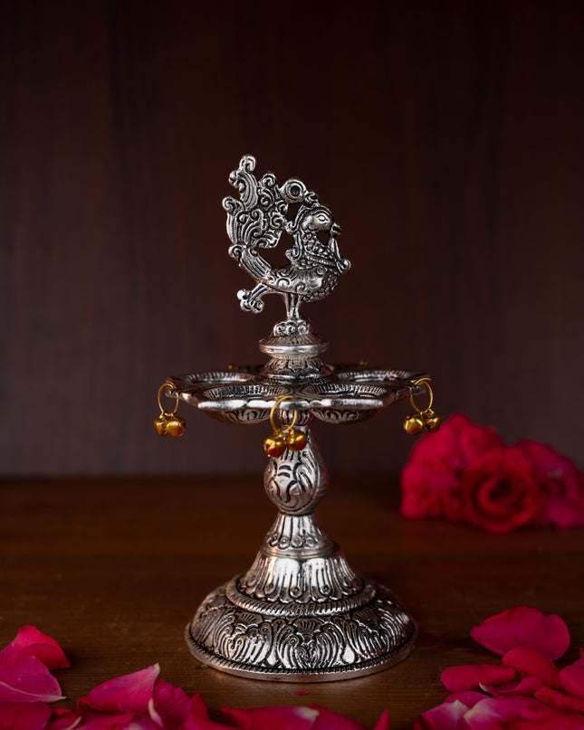White Metal Annapakshi Kuthu Vilaku with Diya - 7 inch - WL4892