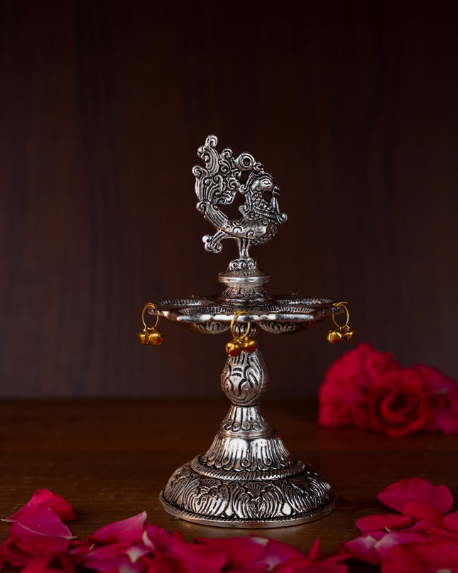 White Metal Annapakshi Kuthu Vilaku with Diya - 7 inch - WL4892