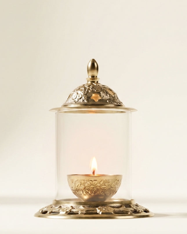 Brass Diya with Glass - 6 inch - WL4911