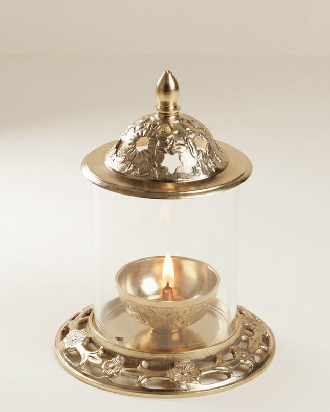 Brass Diya with Glass - 6 inch - WL4911