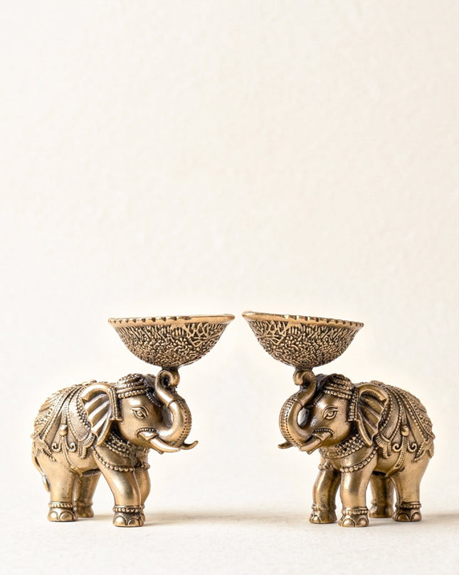 Brass Elephant with Diya - Set of 2 - WL4914