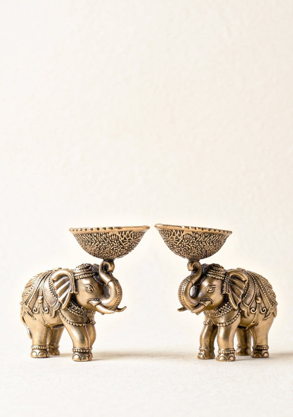 Brass Elephant with Diya - Set of 2 - WL4914
