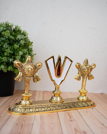 White Metal Shankh Chakra Tilak - 5 inch - Gold - WL5191-1