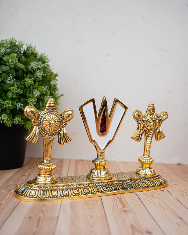 White Metal Shankh Chakra Tilak - 5 inch - Gold - WL5191-1