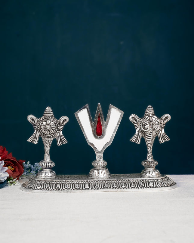 White Metal Shankh Chakra Tilak - 5 inch - Silver - WL5191-2